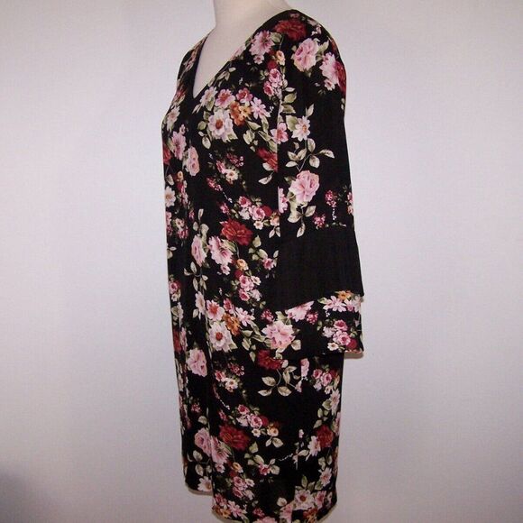 Sam Edelman Black Floral Dress Womens Sz 6 Shift 3/4 Bell Sleeves Lined V-Neck - Picture 6 of 11